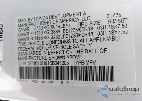2025 Honda Odyssey Ex-L from USA, damaged, VIN 5FNRL6H61SB045303